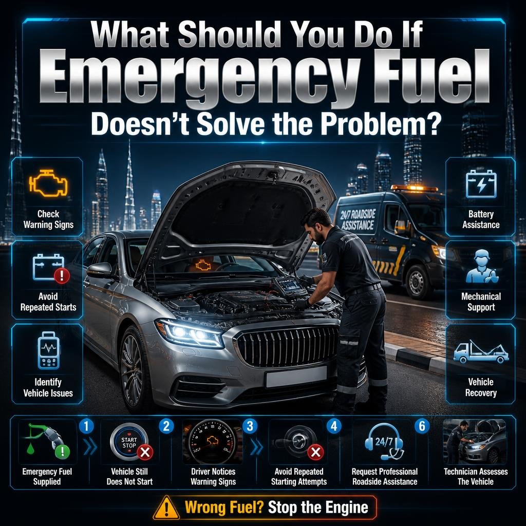 What to do when emergency fuel delivery fails to restart your car, including warning signs, battery checks, and roadside assistance in Dubai.