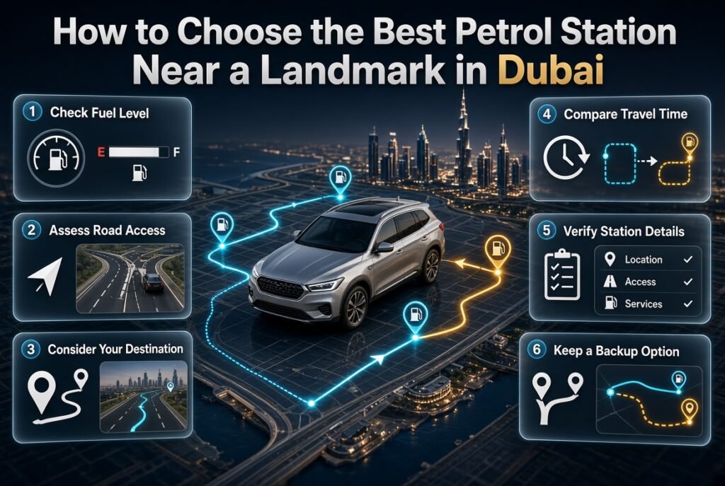 Choosing a petrol station near a landmark in Dubai by comparing fuel level, driving routes, traffic, station information, and alternative options.