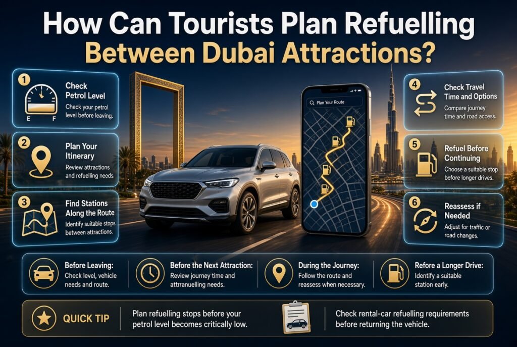 Tourists planning petrol stops between Dubai attractions, with a rental car, city landmarks, navigation map, and practical refuelling tips.