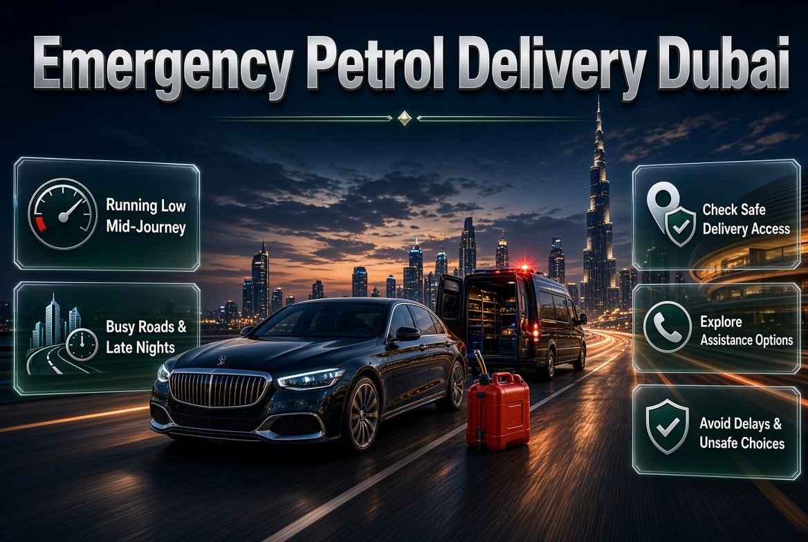 Emergency petrol delivery Dubai with a stranded car, emergency fuel canister, and roadside assistance in a modern Dubai city setting.
