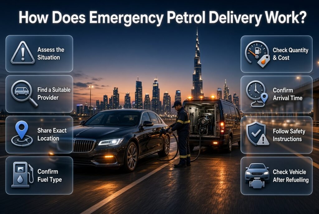 Emergency petrol delivery process in Dubai showing roadside fuel assistance, location sharing, fuel confirmation, cost checks, and vehicle safety.