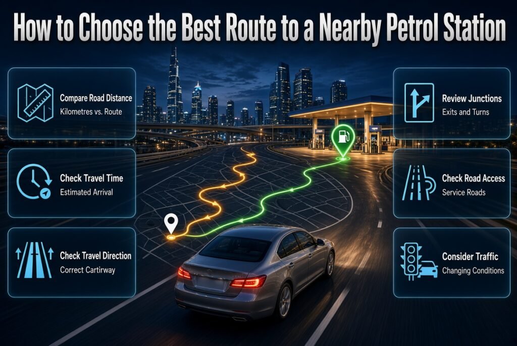 How to choose the best route to a nearby petrol station in Dubai using GPS navigation, traffic updates, and road access.