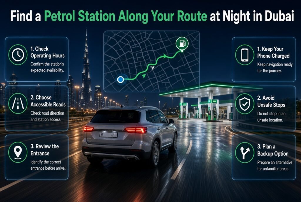 Find a petrol station along your route at night in Dubai with safe road access, navigation guidance, operating hours, and backup options.